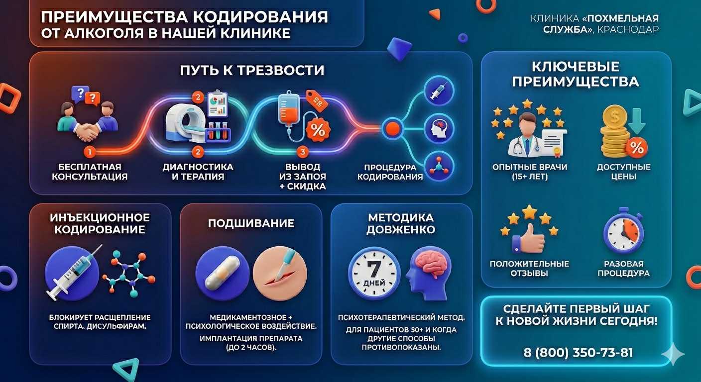 Инфографика о методах кодирования от алкоголя в Вязьме: инъекции, подшивание, метод Довженко. Преимущества клиники и этапы лечения.